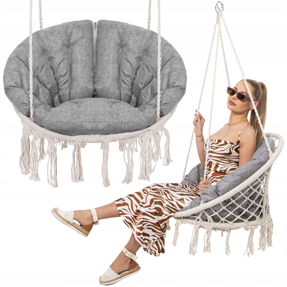 Scaun rotund Sersimo tip leagan suspendat cu perna Confort Plus casa sau gradina, bej Household NewTrend