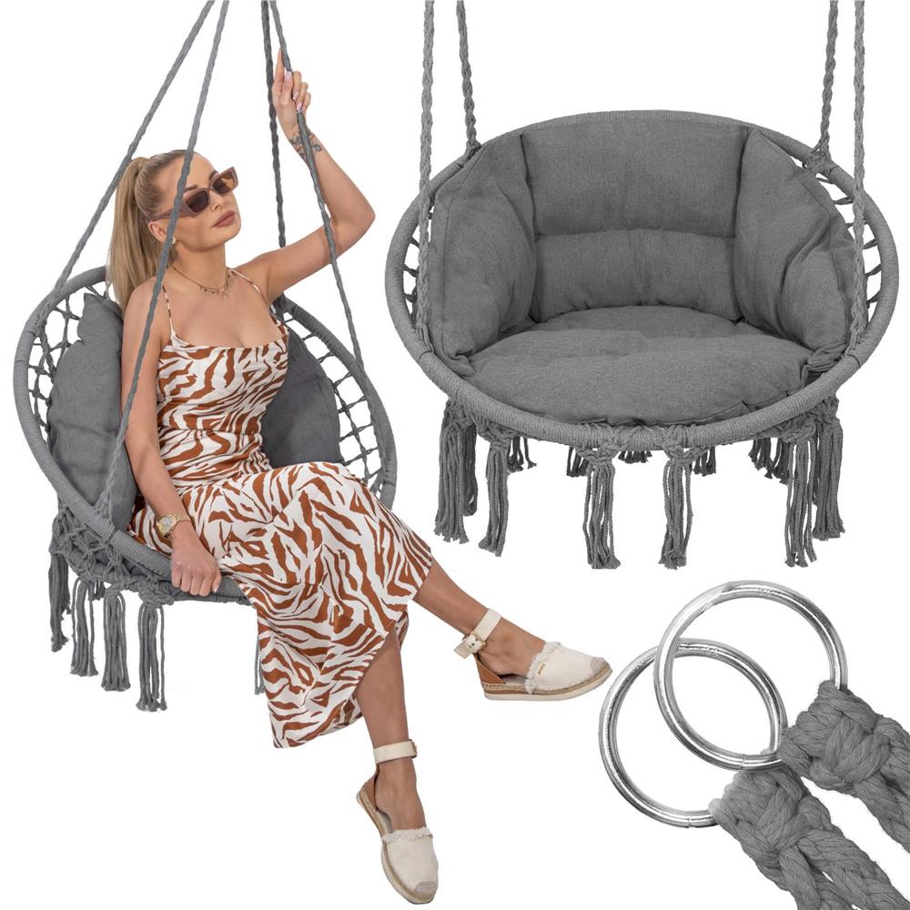Scaun rotund Sersimo tip leagan suspendat cu perna Confort Plus casa sau gradina, gri inchis Household NewTrend