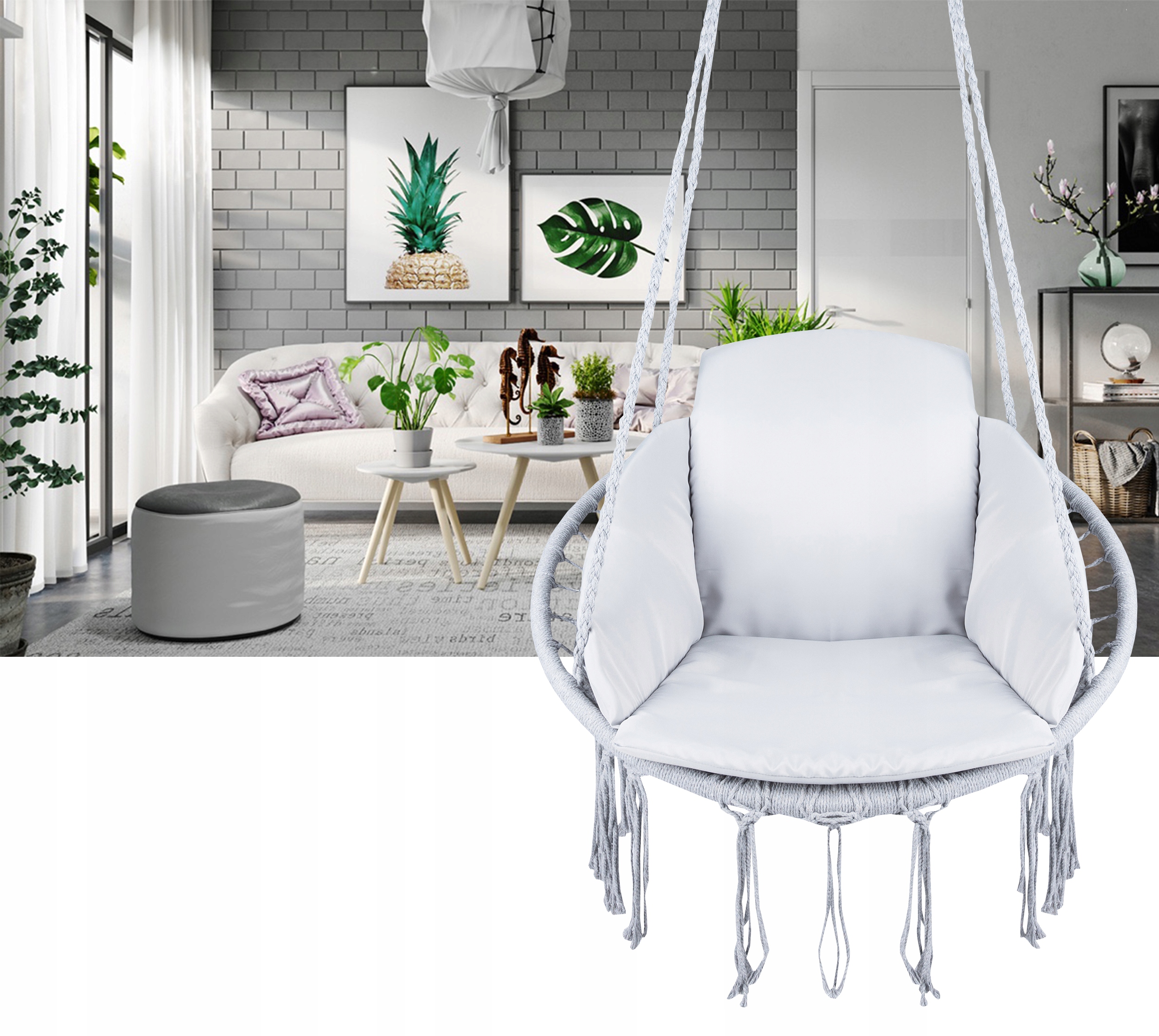 Scaun rotund Sersimo tip leagan suspendat cu perna Confort casa sau gradina, gri Household NewTrend
