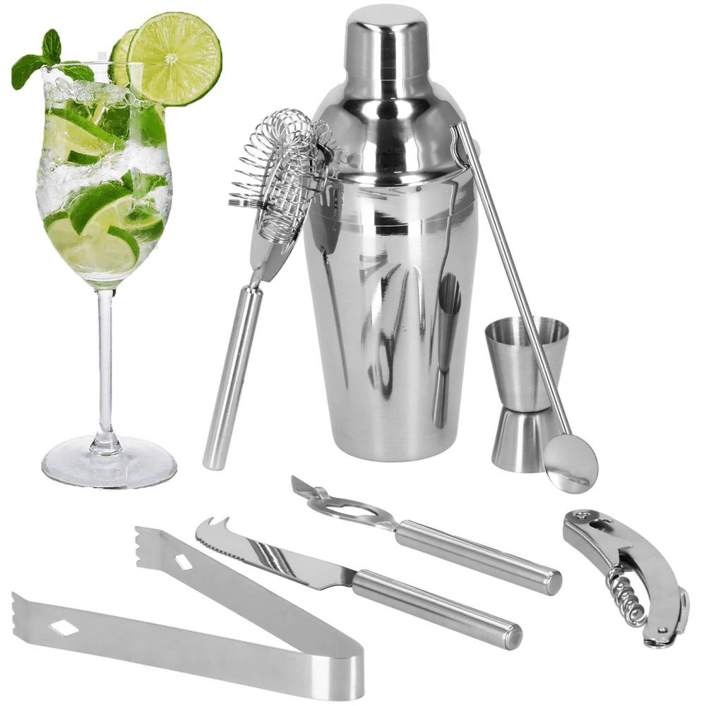 Set Cocktail Shaker Kit pentru barmani 550ml, KI22, suport bambus, 9 piese Household NewTrend