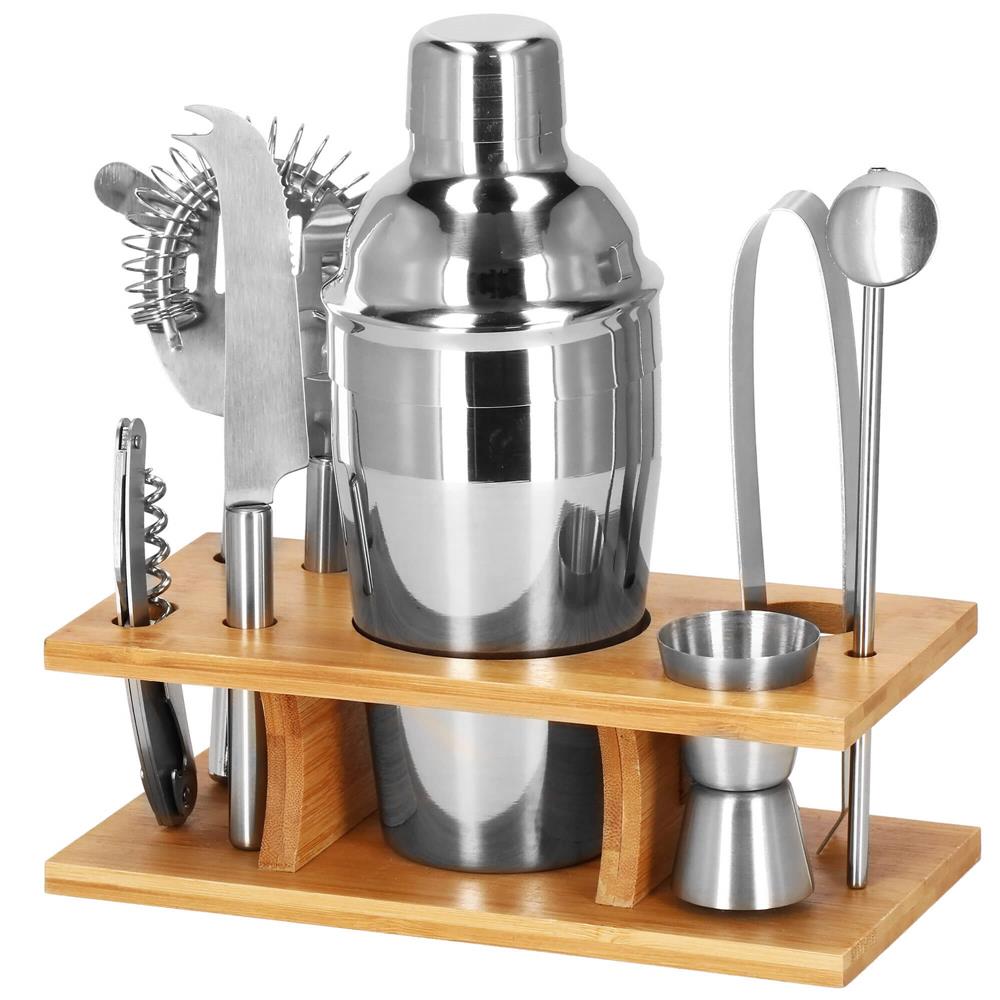 Set Cocktail Shaker Kit pentru barmani 550ml, KI22, suport bambus, 9 piese Household NewTrend