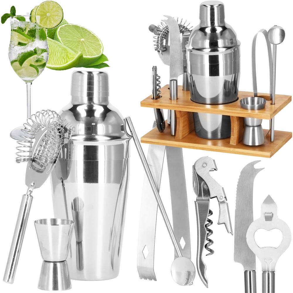 Set Cocktail Shaker Kit pentru barmani 550ml, KI22, suport bambus, 9 piese Household NewTrend