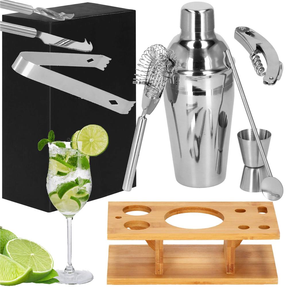 Set Cocktail Shaker Kit pentru barmani 550ml, KI22, suport bambus, 9 piese Household NewTrend