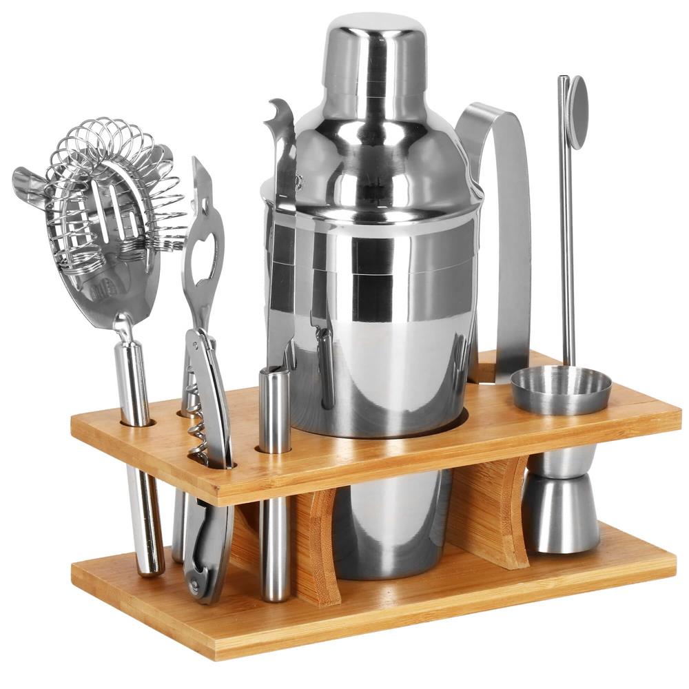 Set Cocktail Shaker Kit pentru barmani 550ml, KI22, suport bambus, 9 piese Household NewTrend