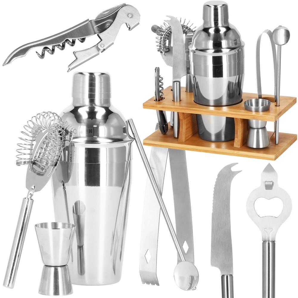 Set Cocktail Shaker Kit pentru barmani 550ml, KI22, suport bambus, 9 piese Household NewTrend