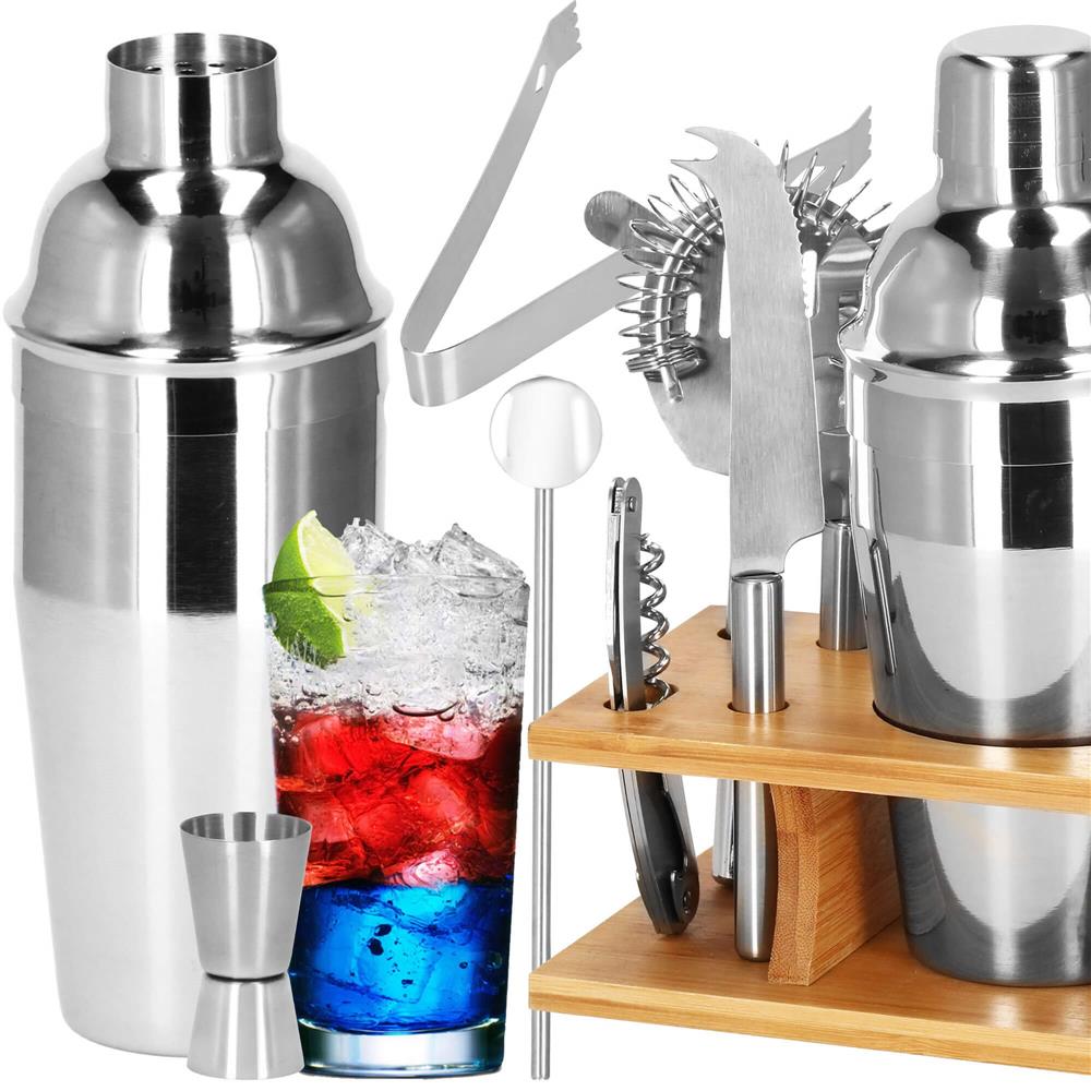Set Cocktail Shaker Kit pentru barmani 550ml, KI22, suport bambus, 9 piese Household NewTrend