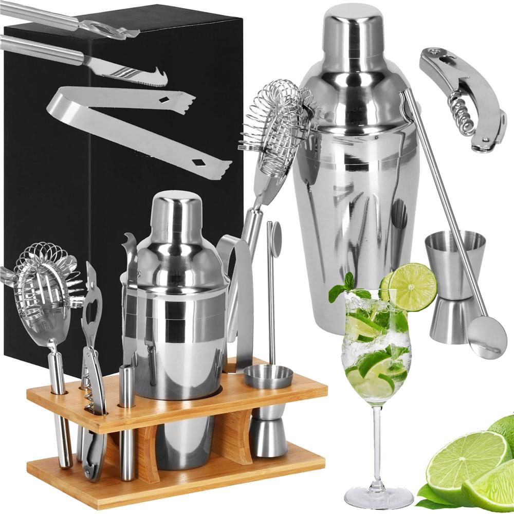 Set Cocktail Shaker Kit pentru barmani 550ml, KI22, suport bambus, 9 piese Household NewTrend