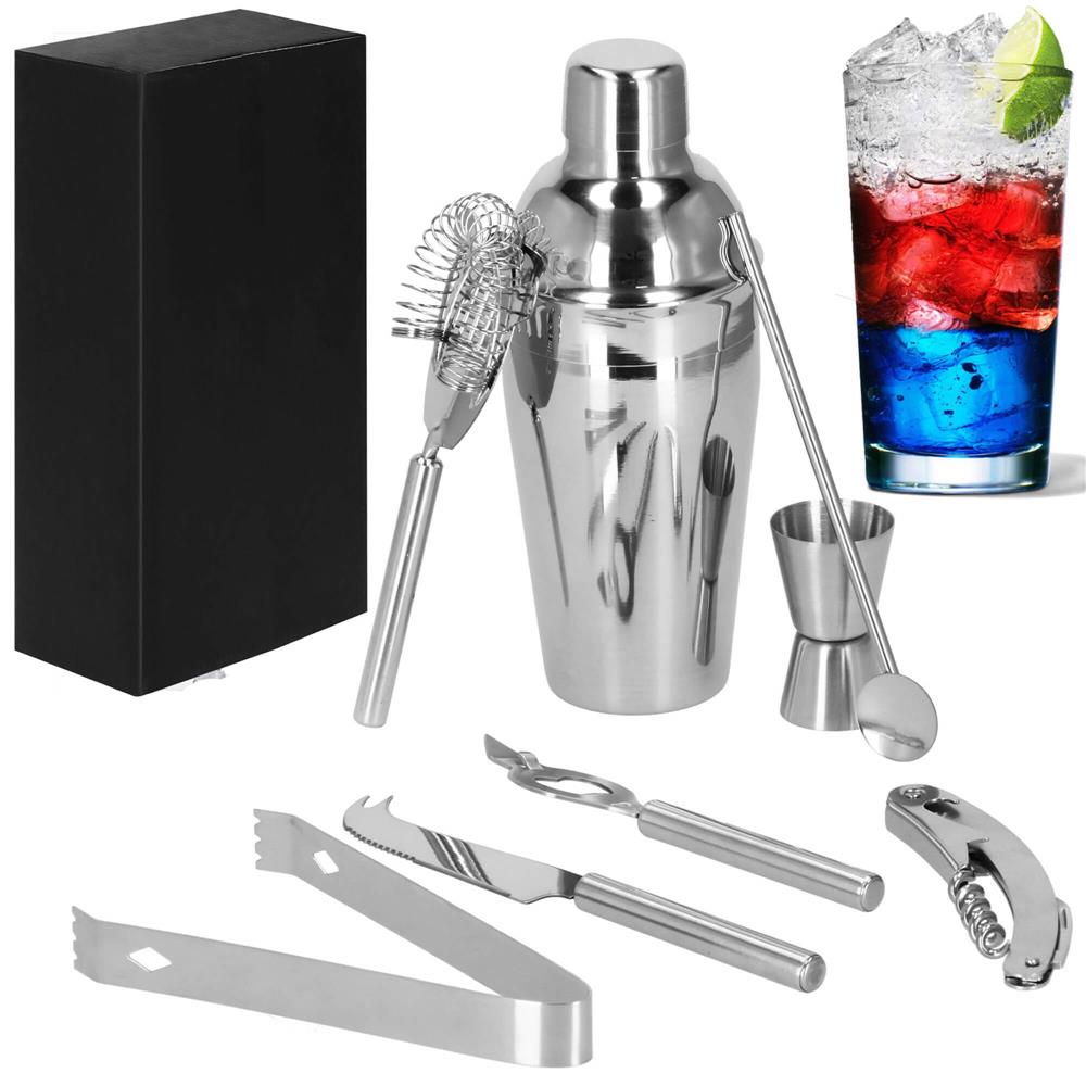 Set Cocktail Shaker Kit pentru barmani 550ml, KI22, suport bambus, 9 piese Household NewTrend