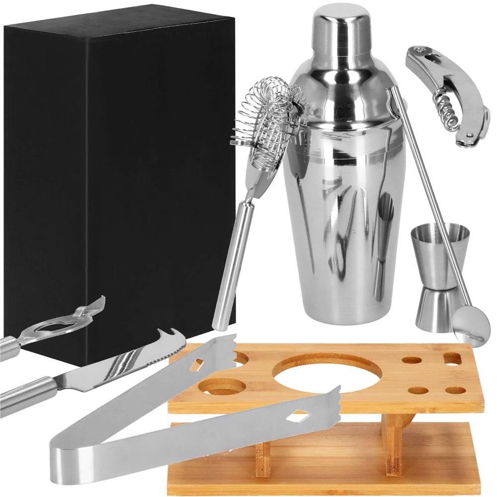 Set Cocktail Shaker Kit pentru barmani 550ml, KI22, suport bambus, 9 piese Household NewTrend