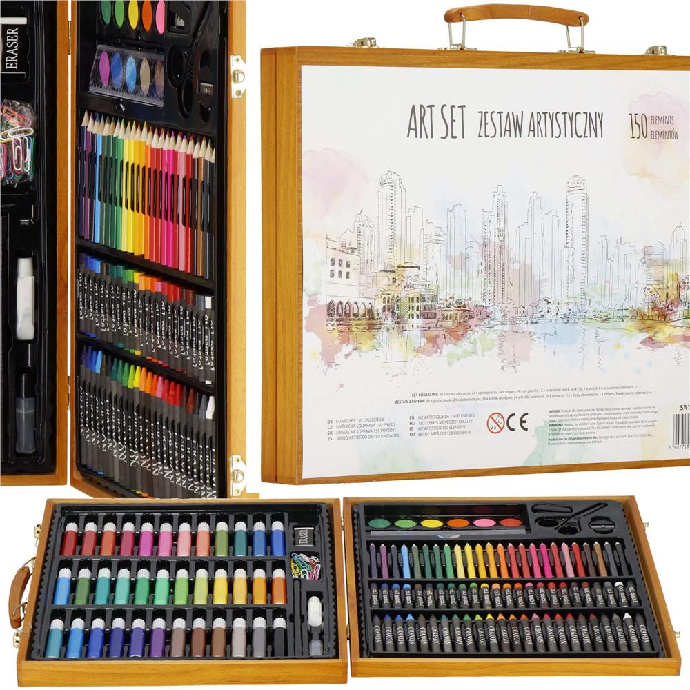 Set de pictura si desen pentru copii, 150 de piese, trusa lemn maro Household NewTrend