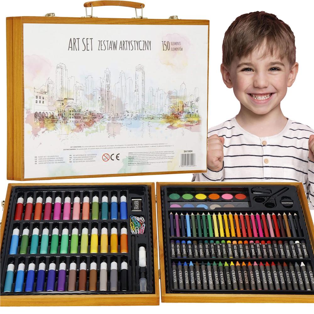 Set de pictura si desen pentru copii, 150 de piese, trusa lemn maro Household NewTrend