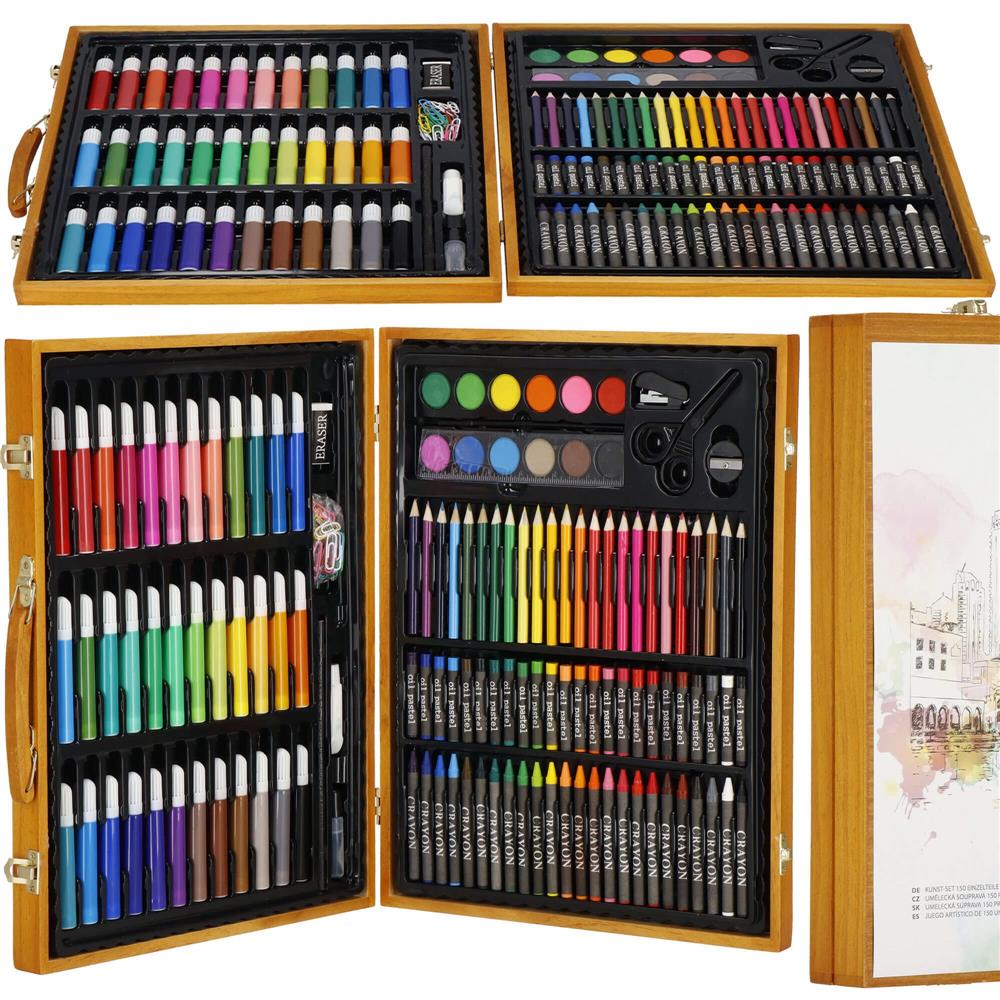 Set de pictura si desen pentru copii, 150 de piese, trusa lemn maro Household NewTrend