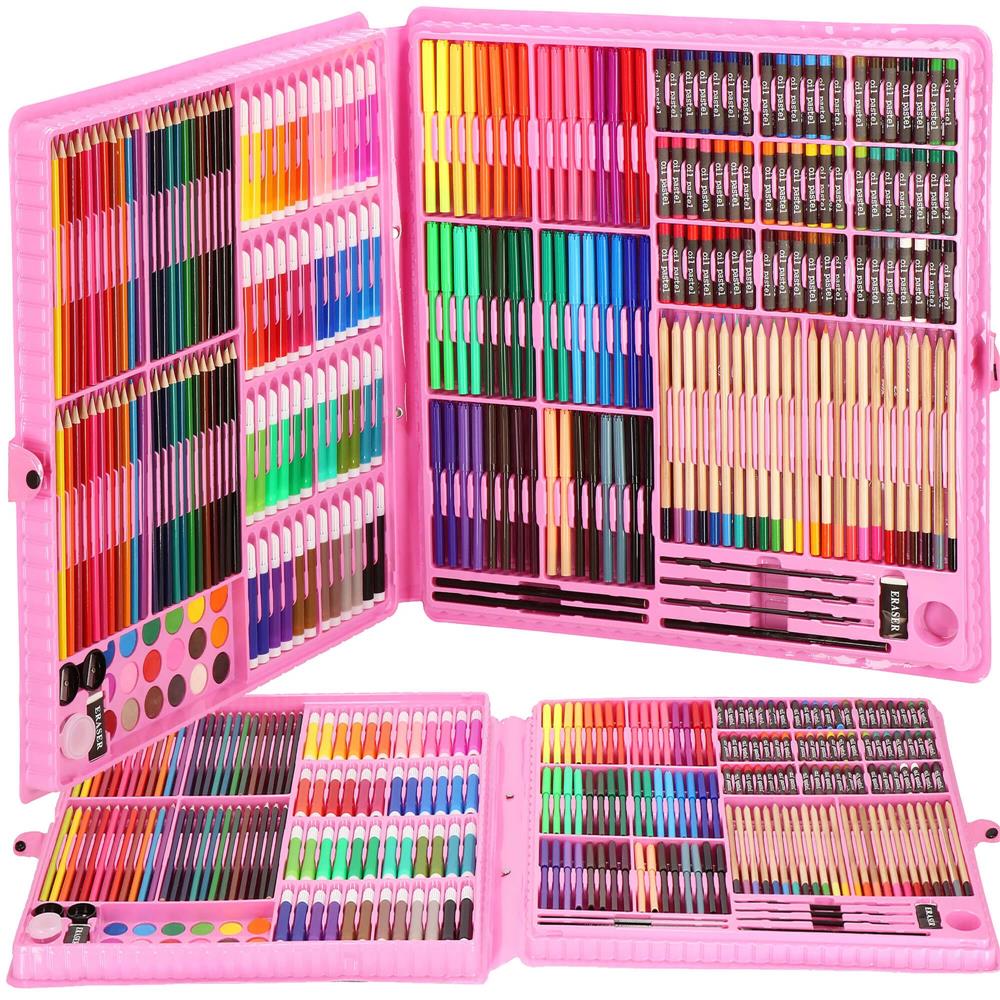 Set de pictura si desen pentru copii, 258 de piese, trusa plastic roz Household NewTrend