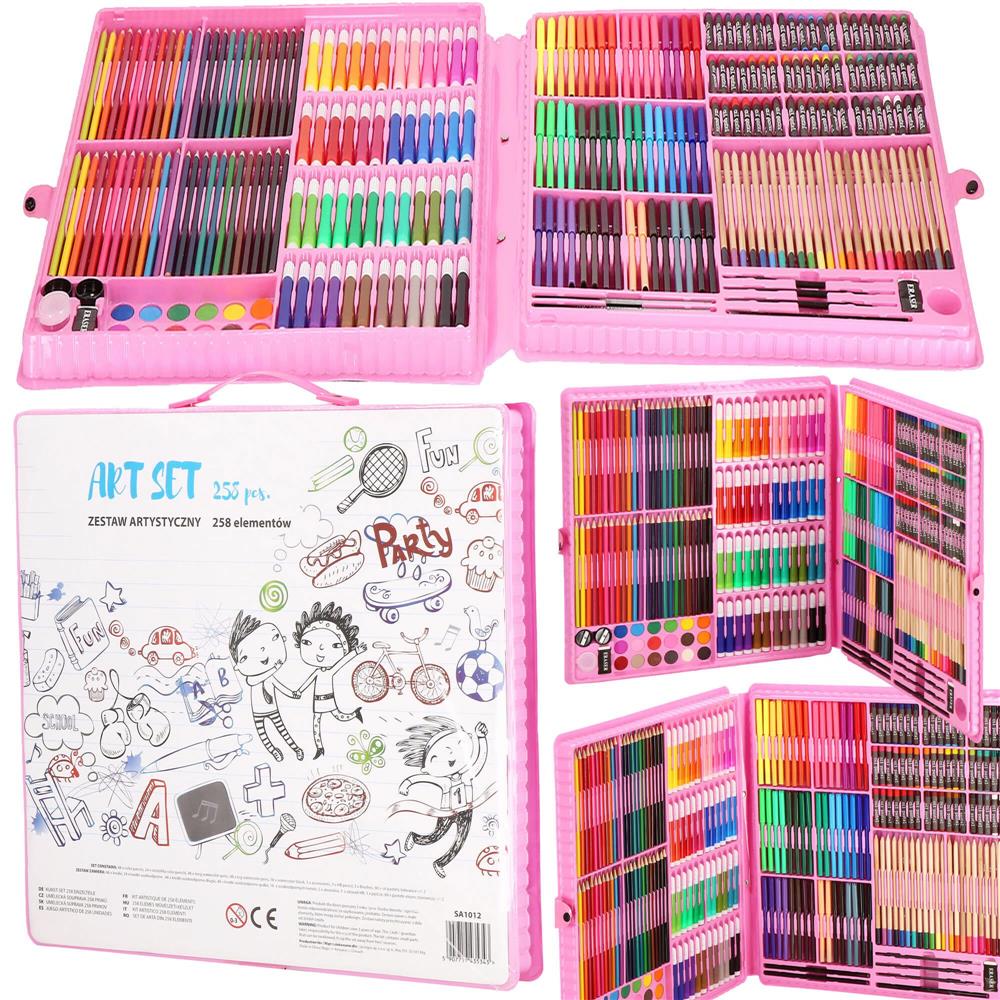 Set de pictura si desen pentru copii, 258 de piese, trusa plastic roz Household NewTrend