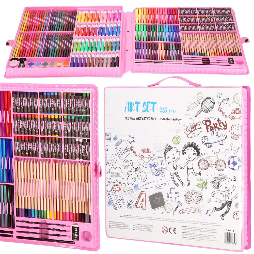 Set de pictura si desen pentru copii, 258 de piese, trusa plastic roz Household NewTrend