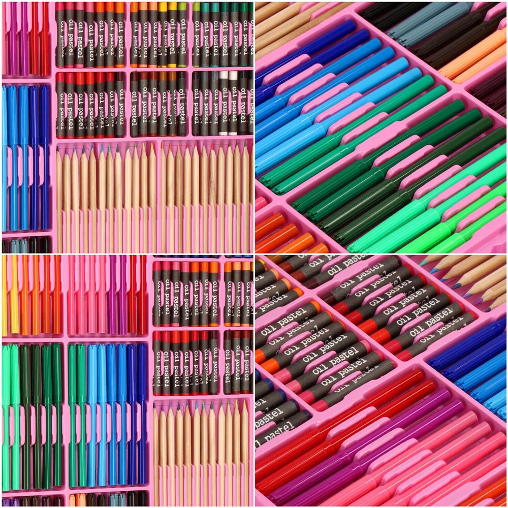 Set de pictura si desen pentru copii, 258 de piese, trusa plastic roz Household NewTrend