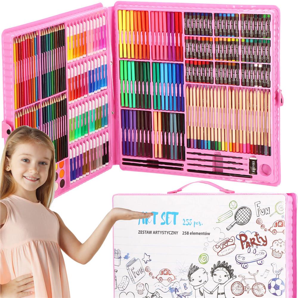 Set de pictura si desen pentru copii, 258 de piese, trusa plastic roz Household NewTrend