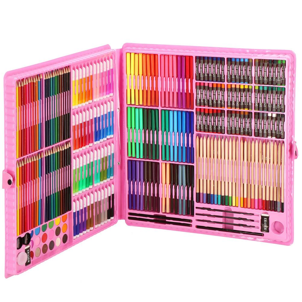 Set de pictura si desen pentru copii, 258 de piese, trusa plastic roz Household NewTrend