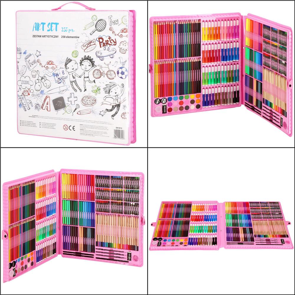 Set de pictura si desen pentru copii, 258 de piese, trusa plastic roz Household NewTrend
