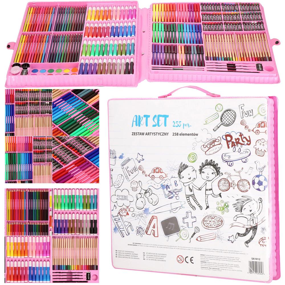 Set de pictura si desen pentru copii, 258 de piese, trusa plastic roz Household NewTrend