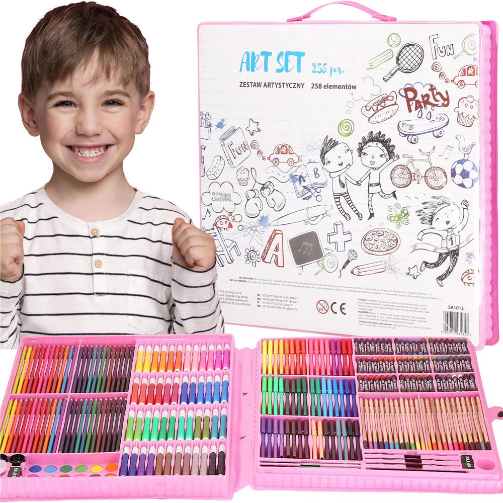 Set de pictura si desen pentru copii, 258 de piese, trusa plastic roz Household NewTrend