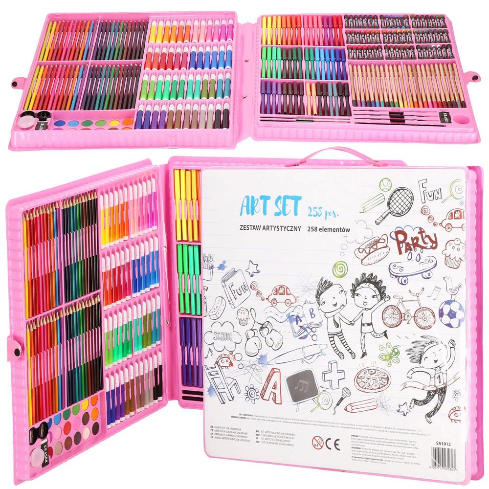 Set de pictura si desen pentru copii, 258 de piese, trusa plastic roz Household NewTrend