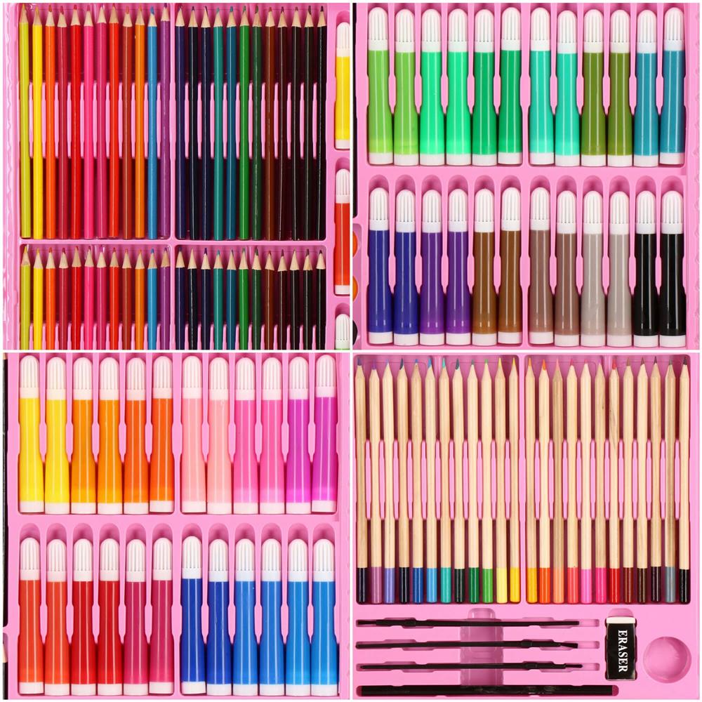 Set de pictura si desen pentru copii, 258 de piese, trusa plastic roz Household NewTrend