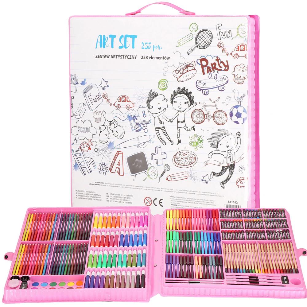 Set de pictura si desen pentru copii, 258 de piese, trusa plastic roz Household NewTrend