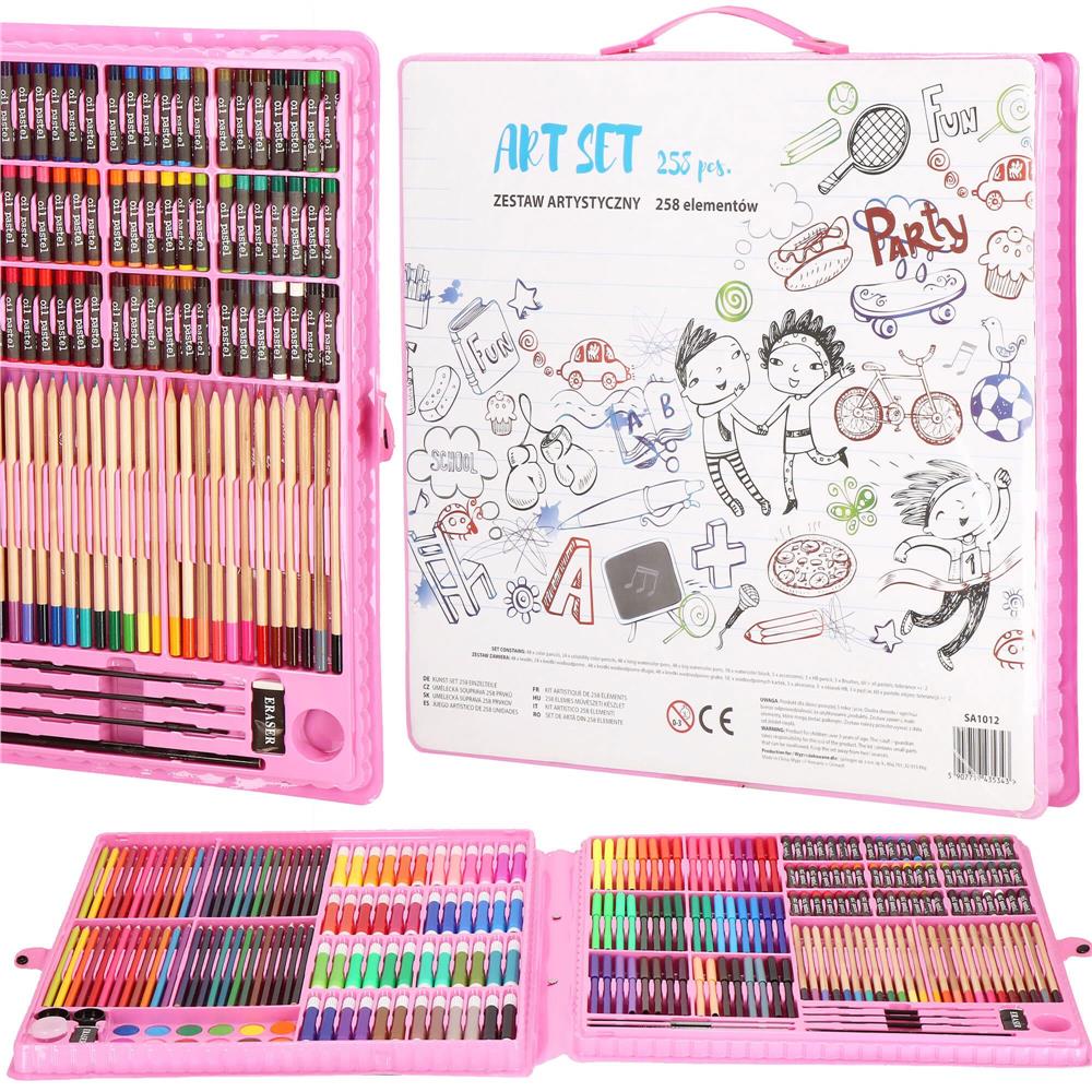 Set de pictura si desen pentru copii, 258 de piese, trusa plastic roz Household NewTrend