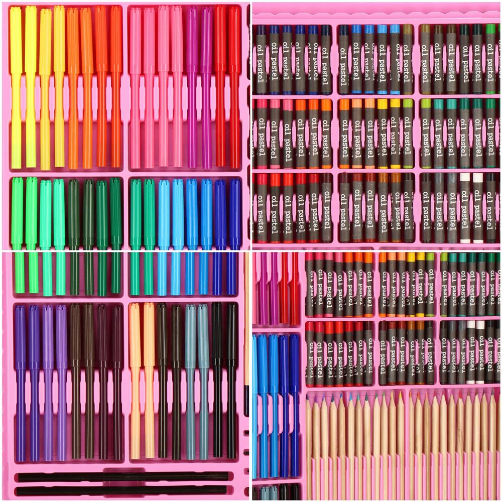 Set de pictura si desen pentru copii, 258 de piese, trusa plastic roz Household NewTrend
