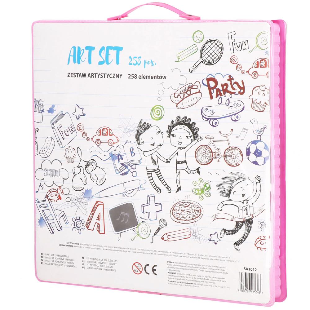 Set de pictura si desen pentru copii, 258 de piese, trusa plastic roz Household NewTrend