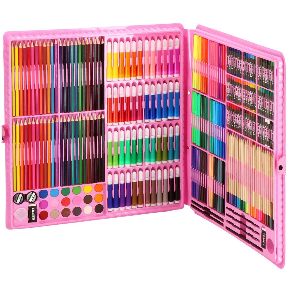 Set de pictura si desen pentru copii, 258 de piese, trusa plastic roz Household NewTrend