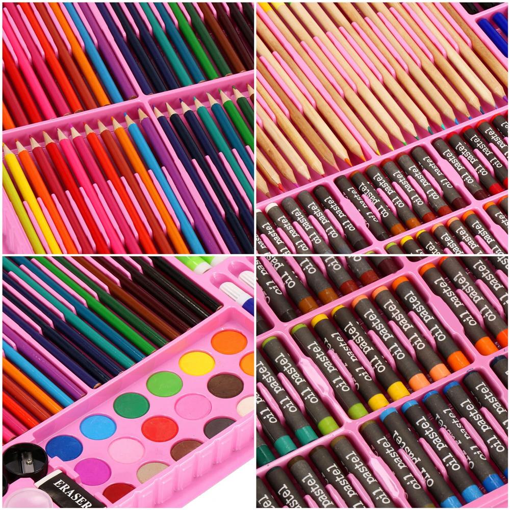 Set de pictura si desen pentru copii, 258 de piese, trusa plastic roz Household NewTrend