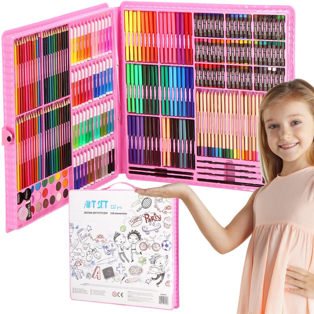 Set de pictura si desen pentru copii, 258 de piese, trusa plastic roz Household NewTrend