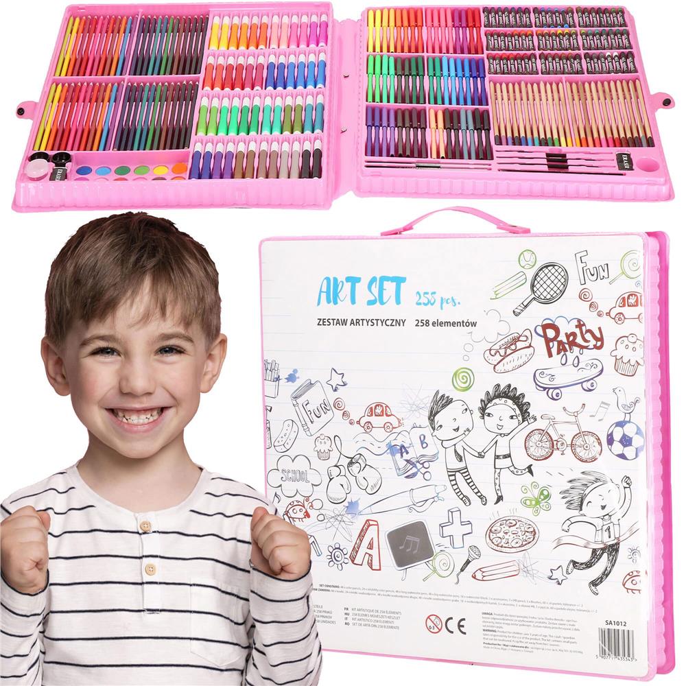 Set de pictura si desen pentru copii, 258 de piese, trusa plastic roz Household NewTrend