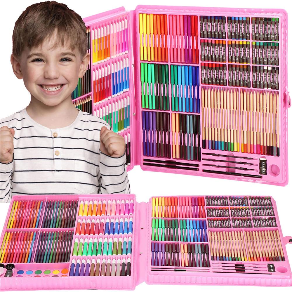 Set de pictura si desen pentru copii, 258 de piese, trusa plastic roz Household NewTrend
