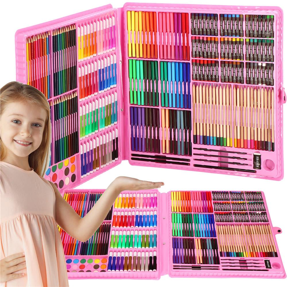 Set de pictura si desen pentru copii, 258 de piese, trusa plastic roz Household NewTrend