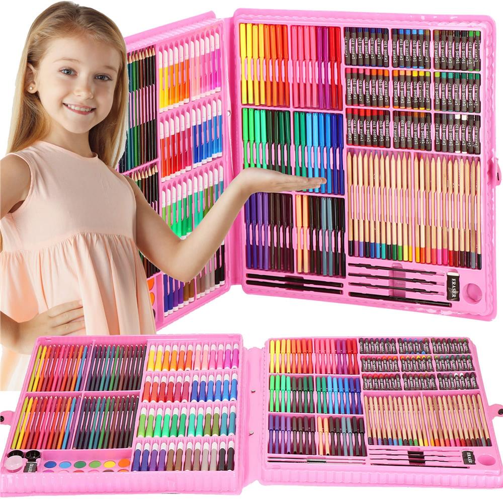 Set de pictura si desen pentru copii, 258 de piese, trusa plastic roz Household NewTrend