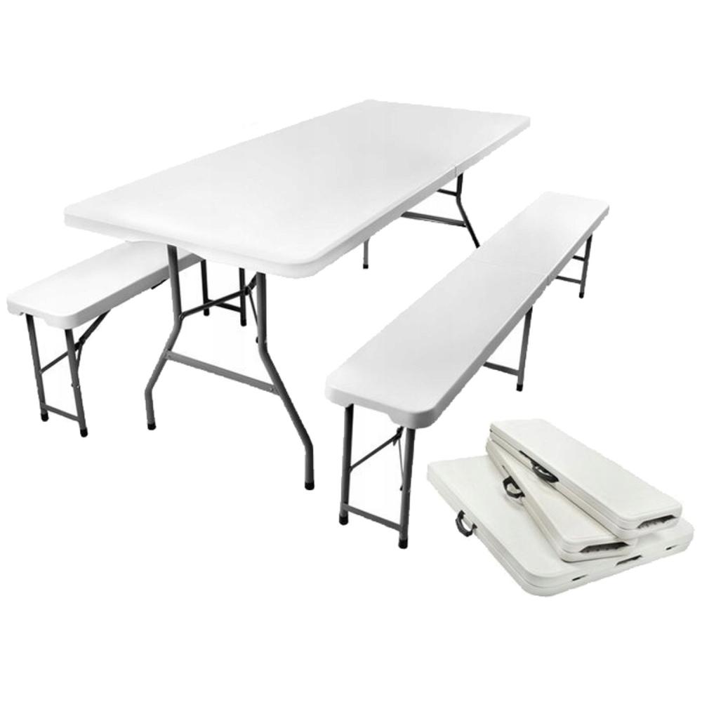 Set masa cu 2 banci pliabile tip valiza pentru gradina, camping, terase, 180x72x75cm Household NewTrend