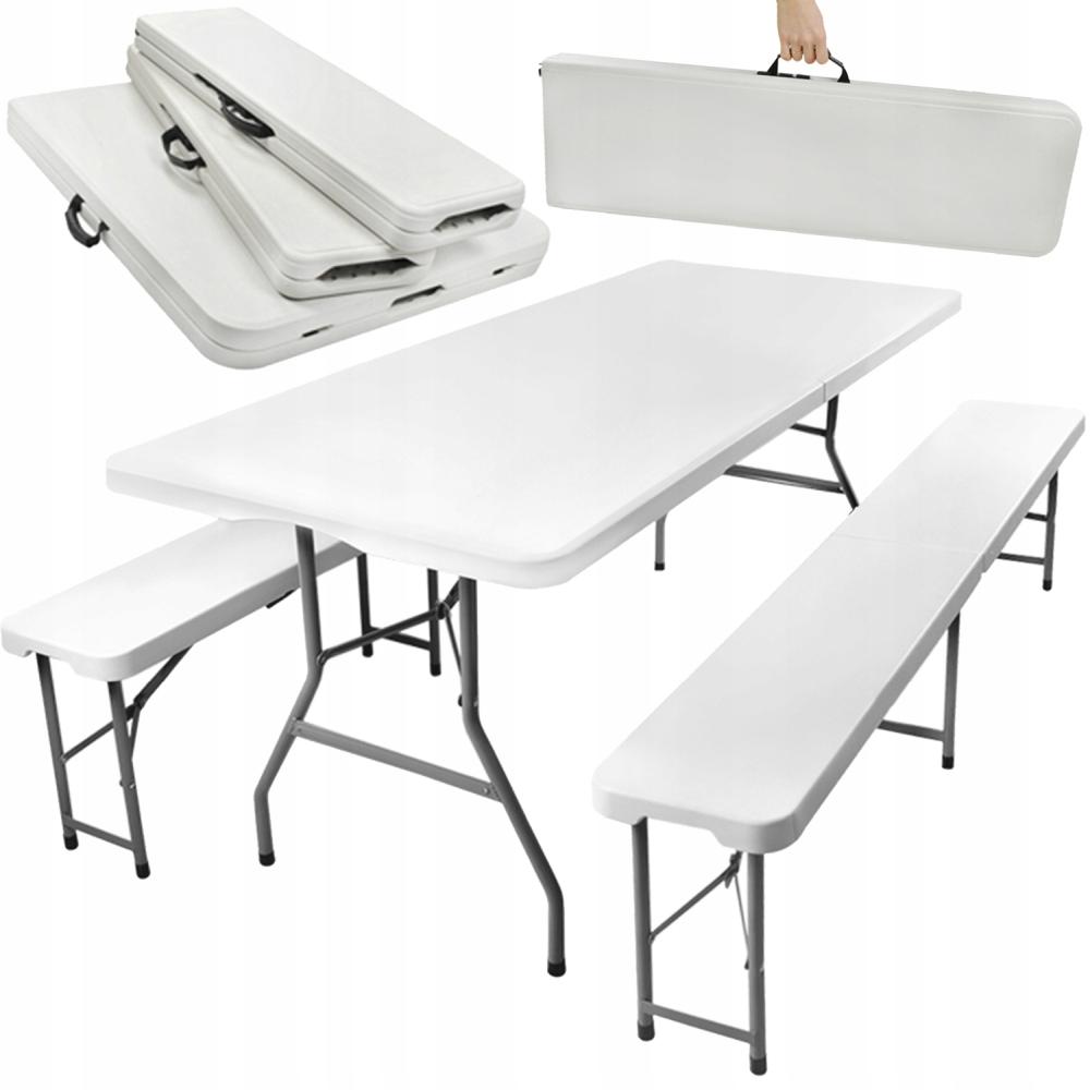 Set masa cu 2 banci pliabile tip valiza pentru gradina, camping, terase, 180x72x75cm Household NewTrend