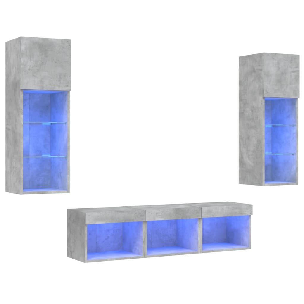 Unități TV de perete cu LED-uri 5 piese gri beton lemn compozit GartenMobel Dekor