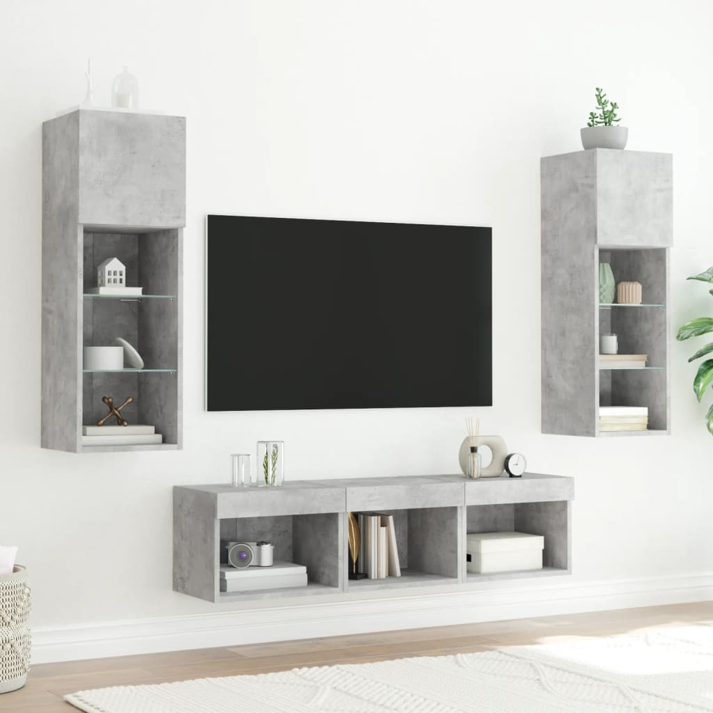 Unități TV de perete cu LED-uri 5 piese gri beton lemn compozit GartenMobel Dekor
