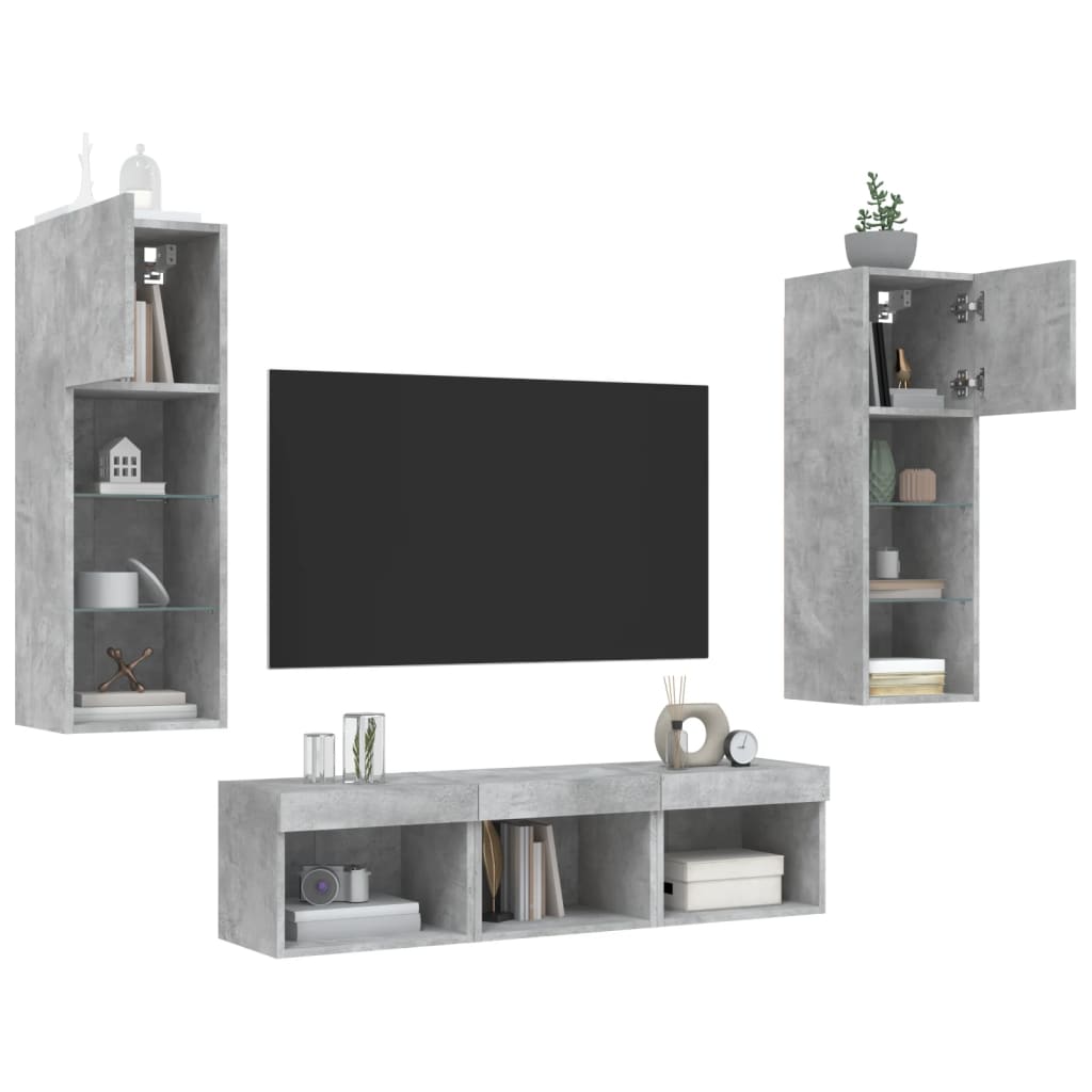 Unități TV de perete cu LED-uri 5 piese gri beton lemn compozit GartenMobel Dekor
