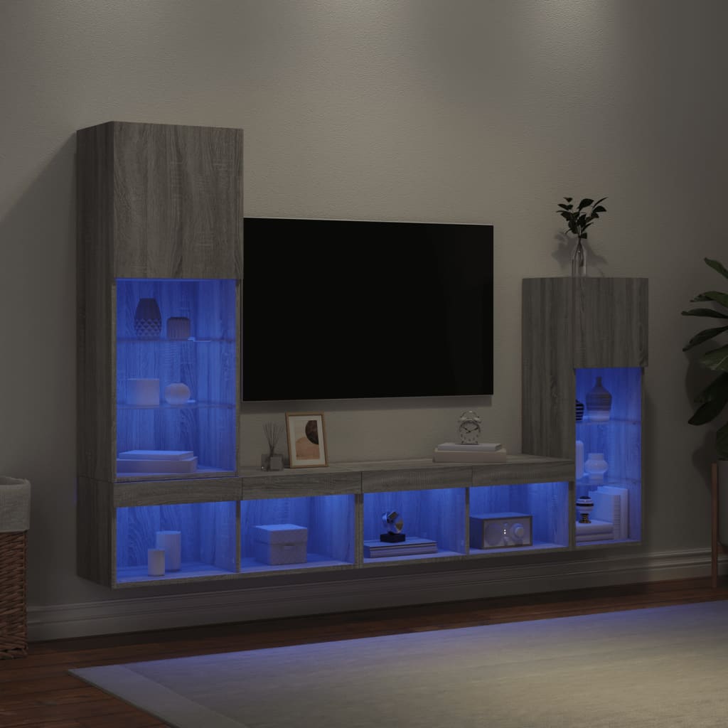 Unități de perete TV cu LED-uri, 4 piese, gri sonoma, lemn GartenMobel Dekor