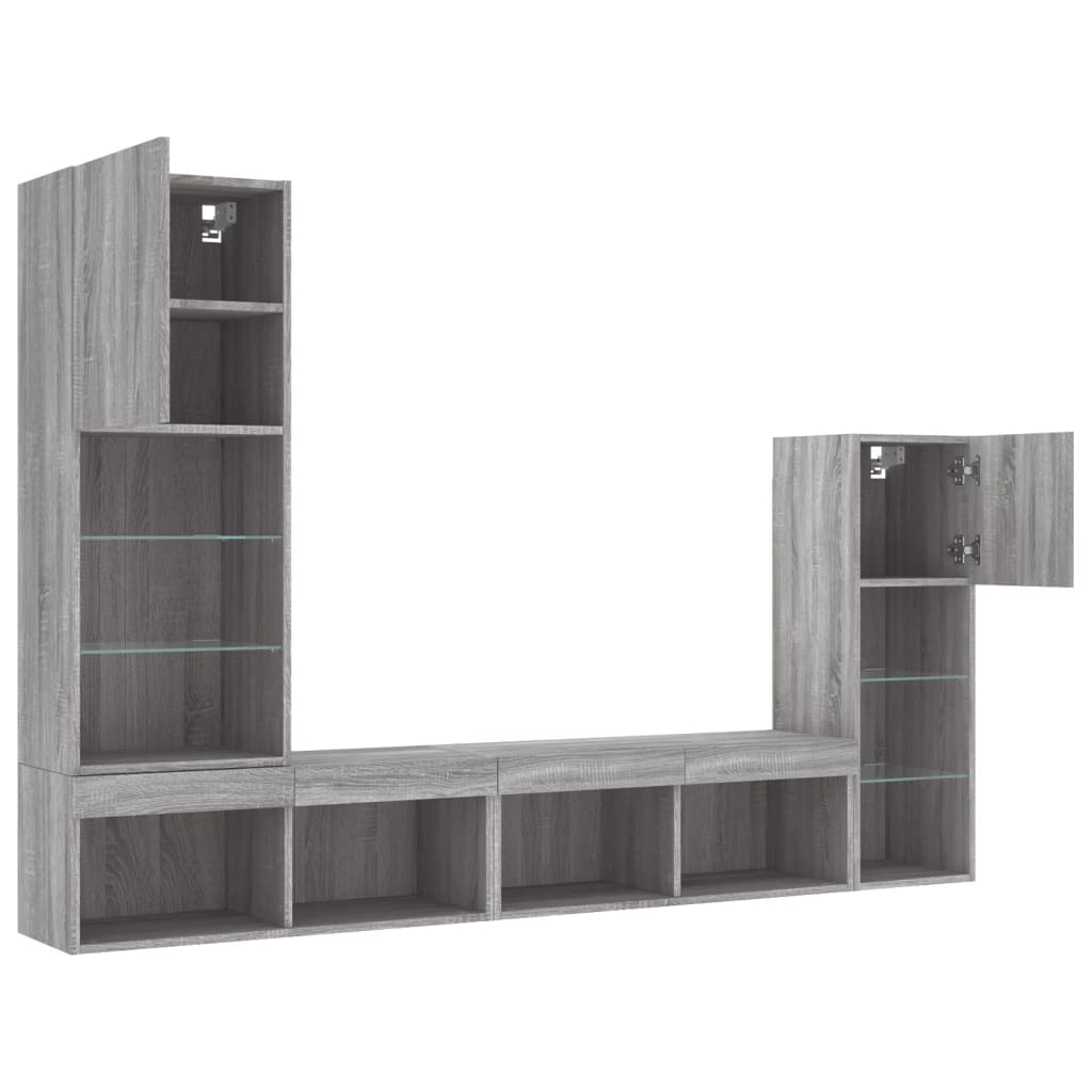 Unități de perete TV cu LED-uri, 4 piese, gri sonoma, lemn GartenMobel Dekor