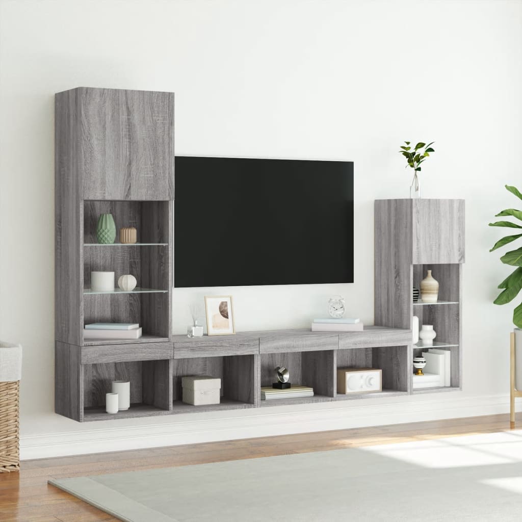 Unități de perete TV cu LED-uri, 4 piese, gri sonoma, lemn GartenMobel Dekor