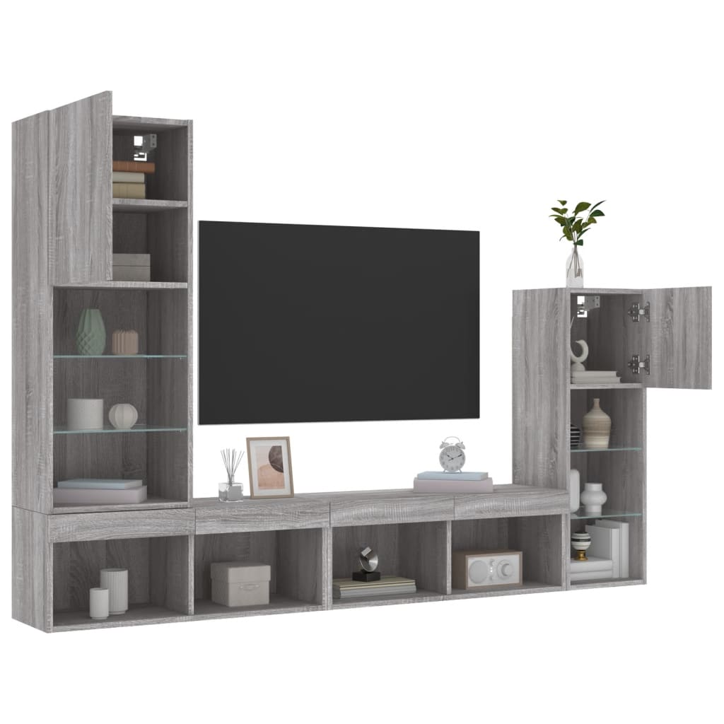 Unități de perete TV cu LED-uri, 4 piese, gri sonoma, lemn GartenMobel Dekor