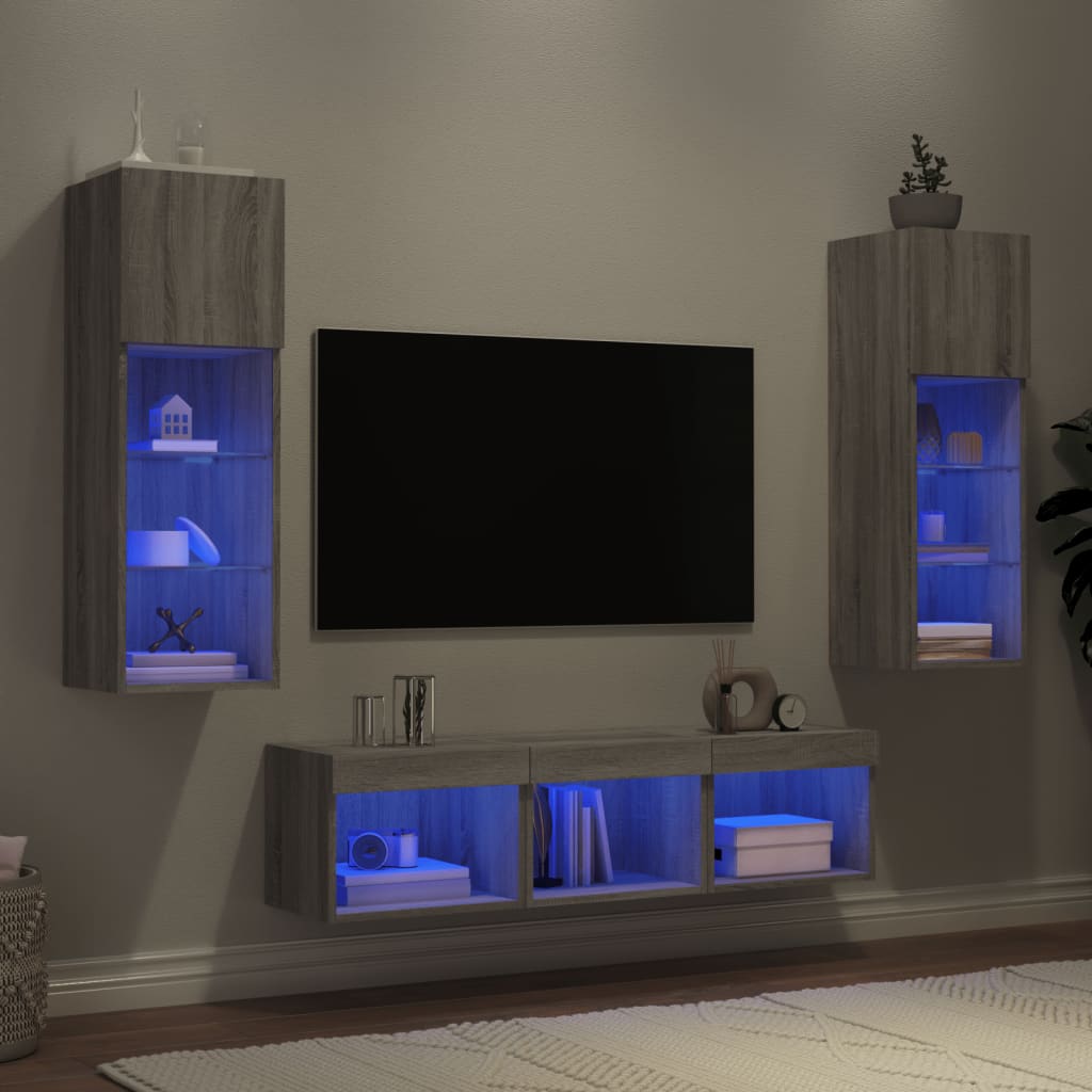 Unități de perete TV cu LED-uri, 5 piese, gri sonoma, lemn GartenMobel Dekor