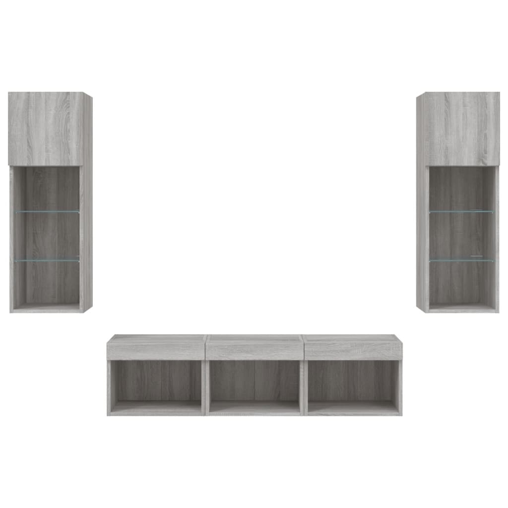 Unități de perete TV cu LED-uri, 5 piese, gri sonoma, lemn GartenMobel Dekor