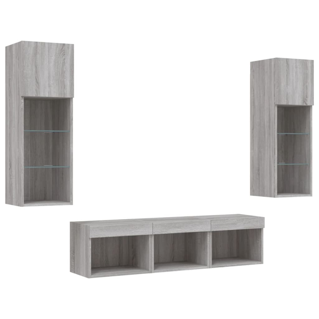 Unități de perete TV cu LED-uri, 5 piese, gri sonoma, lemn GartenMobel Dekor